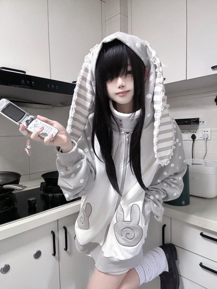 with Bunny / Dot Pink Gray Big Polka Ears Hoodie Striped