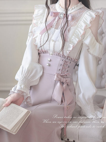 White Landmine Illusion Blouse and with Cutouts Neckline Shoulder Pink