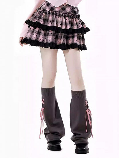 ディテール レースアップ 46CM レッグウォーマー ピンク コントラスト ダークグレー