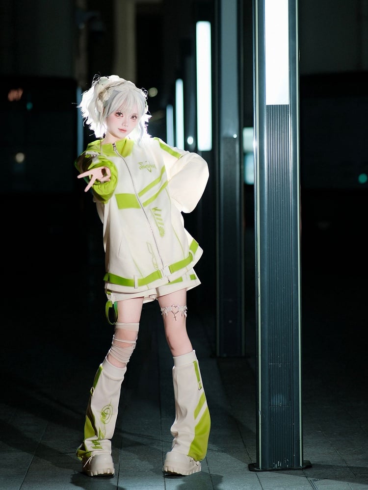 Green Jacket Futuristic with White Landmine Colorblock Hooded Style