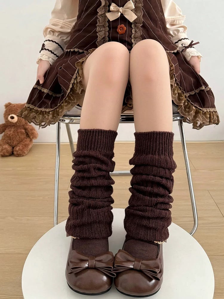 Brown Wool Slouch Knit Leg Warmers 63cm Inner Socks - Two Bear Pink