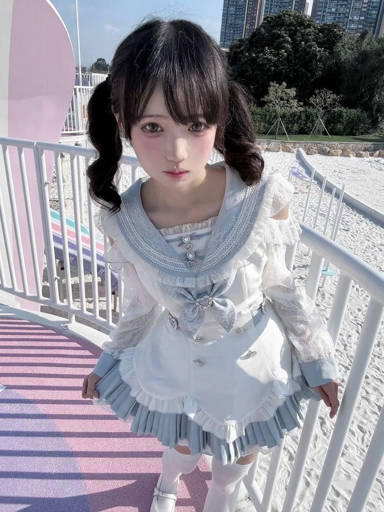 Landmine Style Two-Piece Set in Blue and White with Sailor Collar Cutout Shoulder Pleated Dress and Shorts - Broken Bear