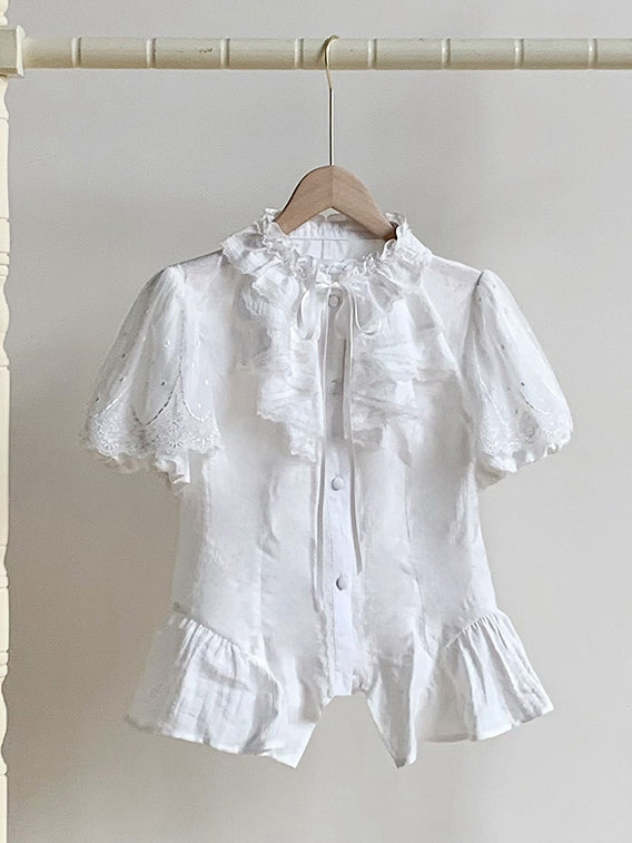 Breathable Comfortable White Puff Neckline Ruffle Short and Sleeves Shirt