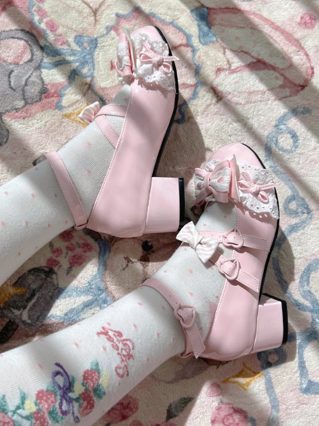 Heels Sweet Lolita PU Pink - Sakura Mid Leather with Crisscross
