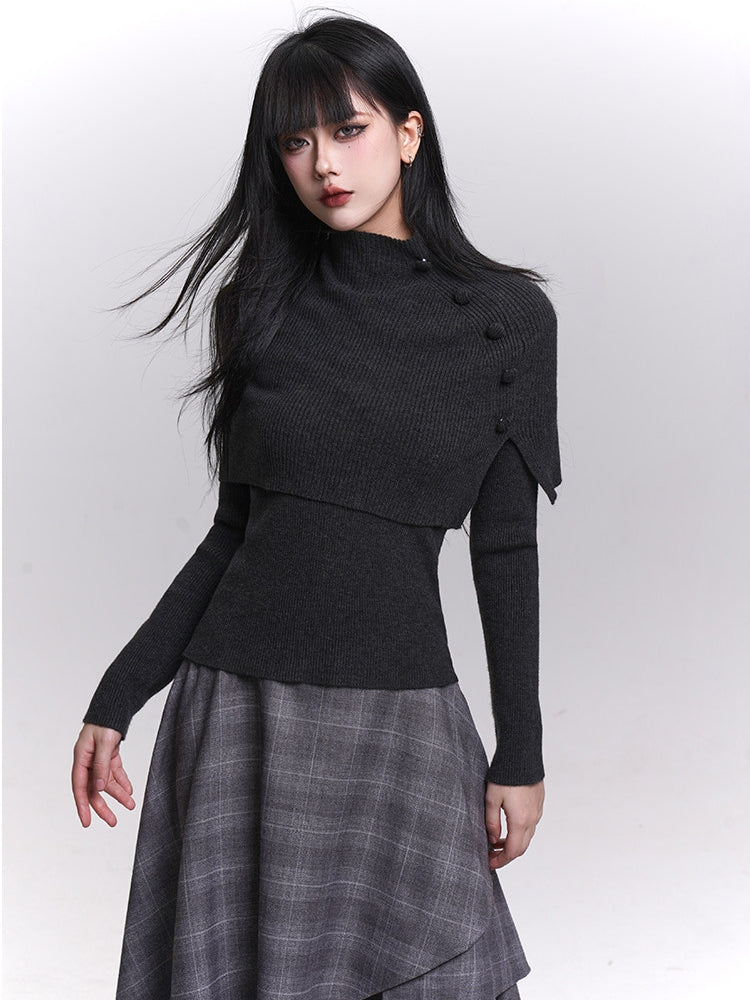 Accents Shawl Set Knit Dark Top Button Gothic Long Gray/Black Sleeves