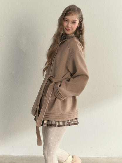 Waist Checked Khaki Double-breasted Vintage and with Wool Belted Coat Collar