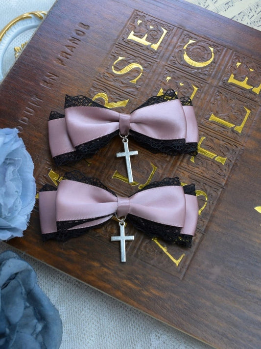 Clip Bow Lace with Kei Pink/Black Cross Charm Hair Jirai Black