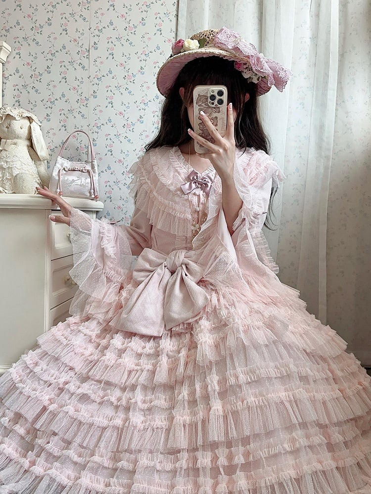 Multi-layered Set Blouse + Belt - Mesh Elegant Bell Sleeves Waist Skirt Lolita Cotton Vest Pink Classic Tulle Dotted