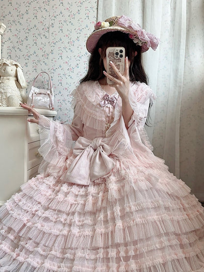 Multi-layered Set Blouse + Belt - Mesh Elegant Bell Sleeves Waist Skirt Lolita Cotton Vest Pink Classic Tulle Dotted
