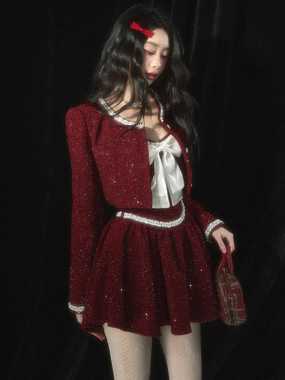 Weihnachtsrotes Tweed-Unterkleid mit Schleife und Perlendetails