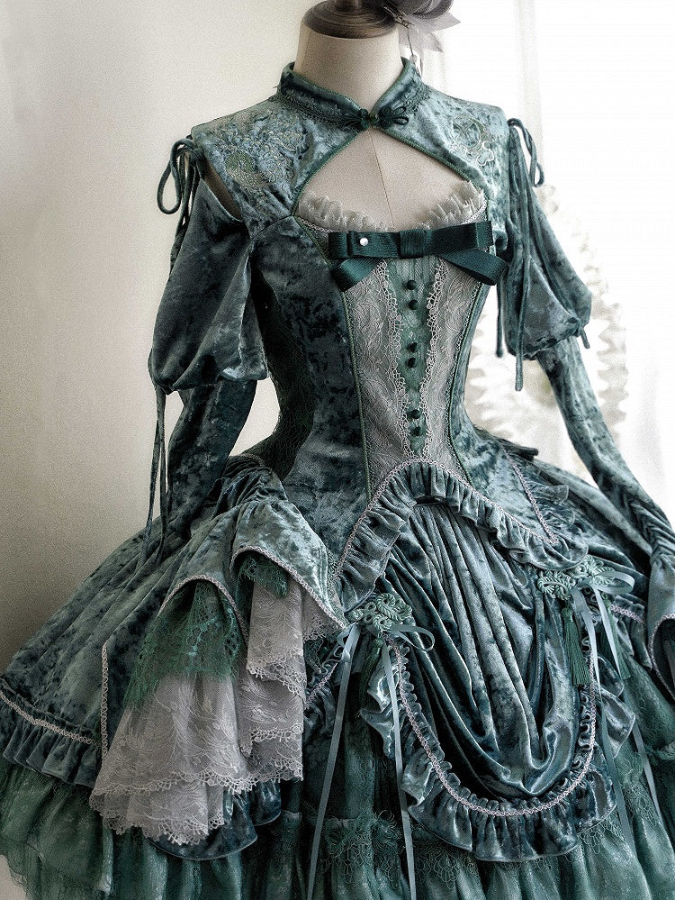 Green Detachable Long Bell Sleeves Snake Bones Embroidery Velvet Top