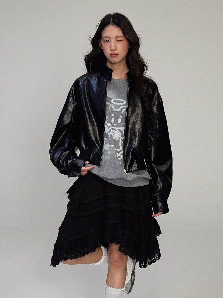 Hem Gothic Skirt Lace-Trimmed Asymmetric with Tiered Black A-line