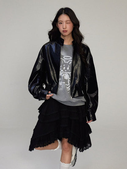 Hem Gothic Skirt Lace-Trimmed Asymmetric with Tiered Black A-line