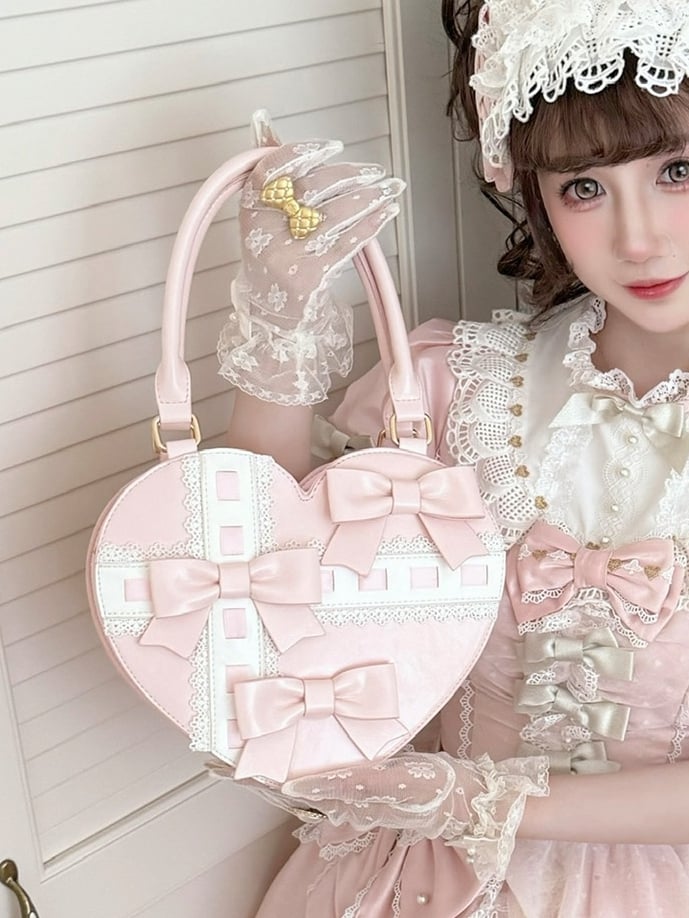 Tasche Abstrakt PU Schleife Leder mit Herz - Hand Süße Lineare Akzente Kreuz Rosa Lolita Design
