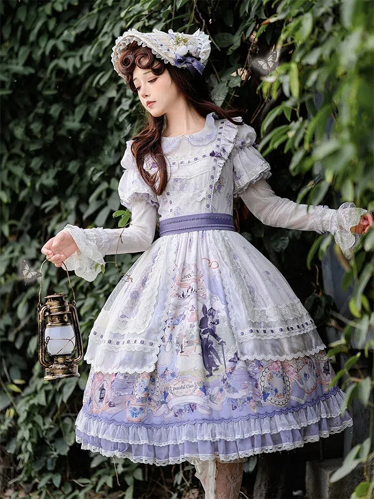 Kleid mit Blumenärmeln, Party- und Hasen-Lolita-Print mit abnehmbarem Tee