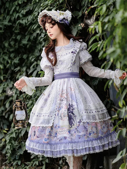 Kleid mit Blumenärmeln, Party- und Hasen-Lolita-Print mit abnehmbarem Tee