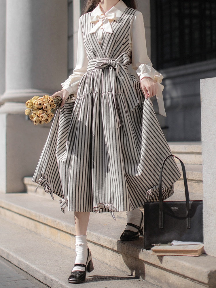 Hem Preppy Elegant in with Belt Bowknot White Black Waist Details Dress at and Stripes