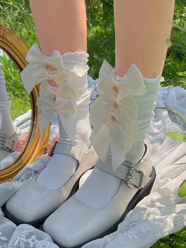 Pink Yellow/Black Design Trim with Cutout Bow Ruffled Decorations Socks Calf White