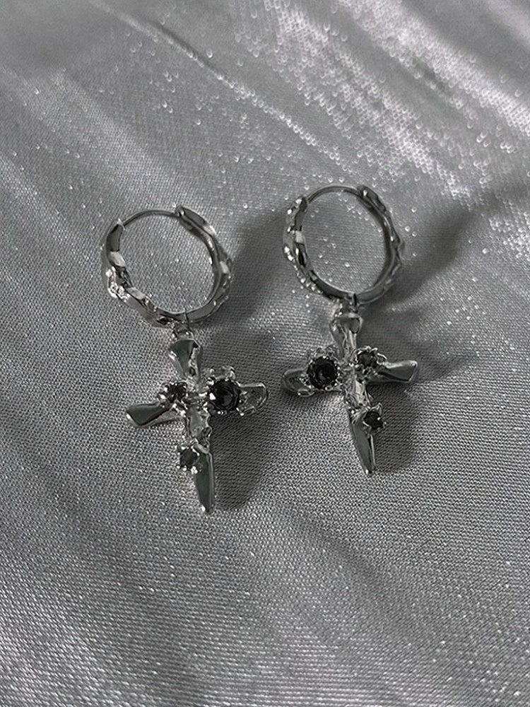 Silver Gothic Cross Dangle Earrings with Rhinestones - Insomnia Artist