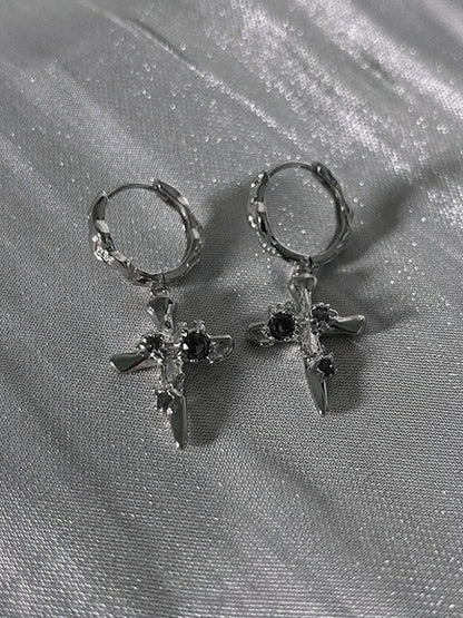 Silver Gothic Cross Dangle Earrings with Rhinestones - Insomnia Artist