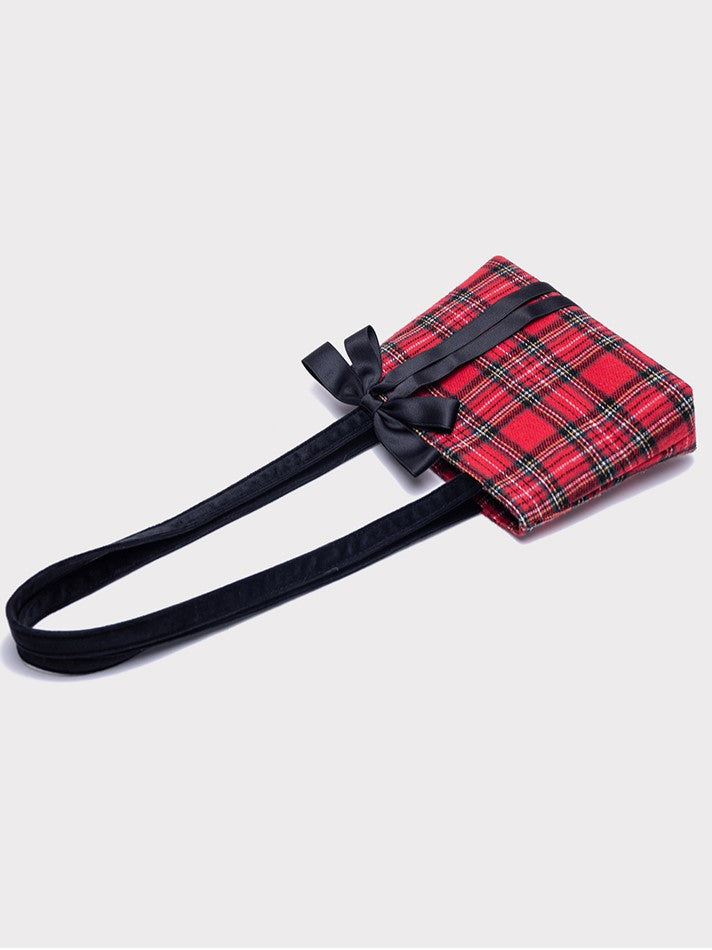 Chic Red Plaid One-Shoulder Mini Tote With Detachable Black Bow
