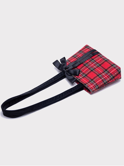 Chic Red Plaid One-Shoulder Mini Tote With Detachable Black Bow
