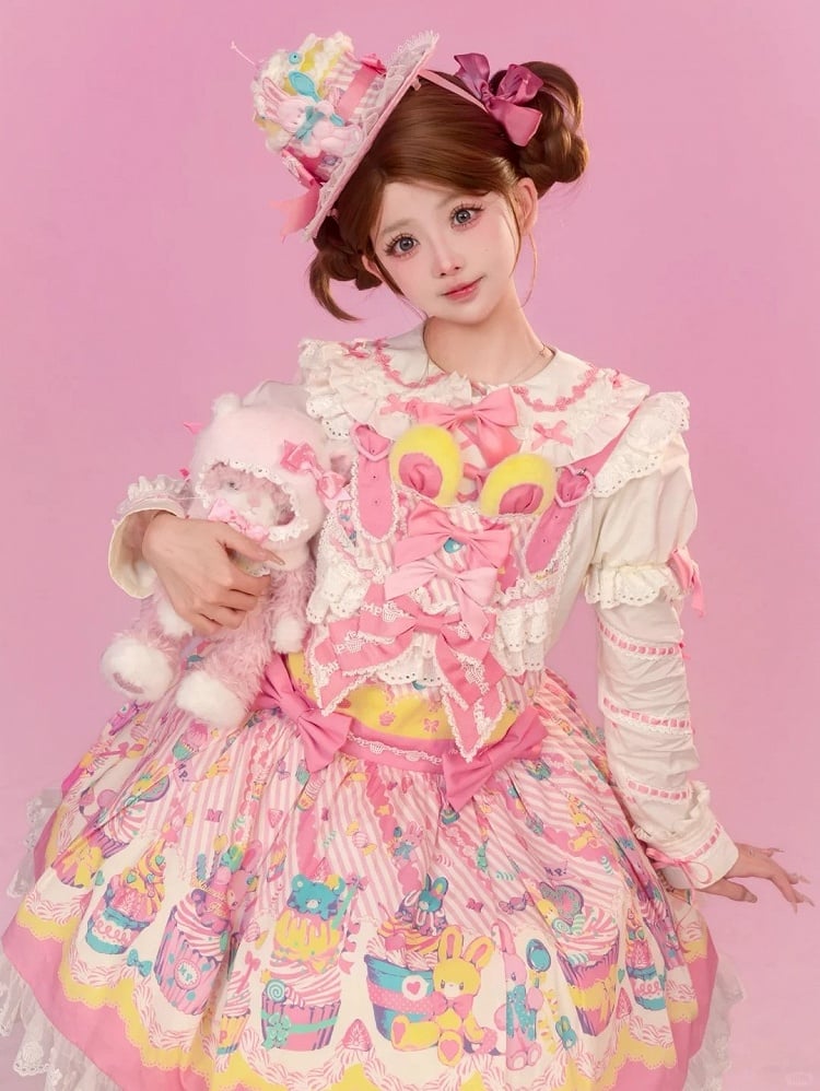 Bunny Cupcake Sweet Lolita Yellow Pink and Dress Overall Print