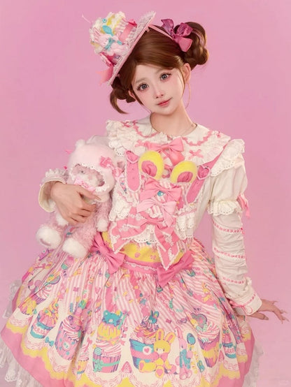 Bunny Cupcake Sweet Lolita Yellow Pink and Dress Overall Print