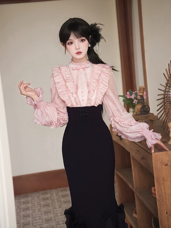 Pink Long Sleeve Blouse & Black Mermaid Skirt Boned Waist Lolita Dress - With PUJI