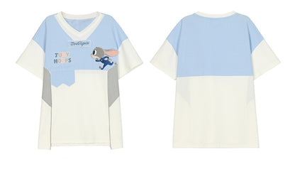ズートピア ジュディ ブルー Vネック カラーブロック デザイン Tシャツ