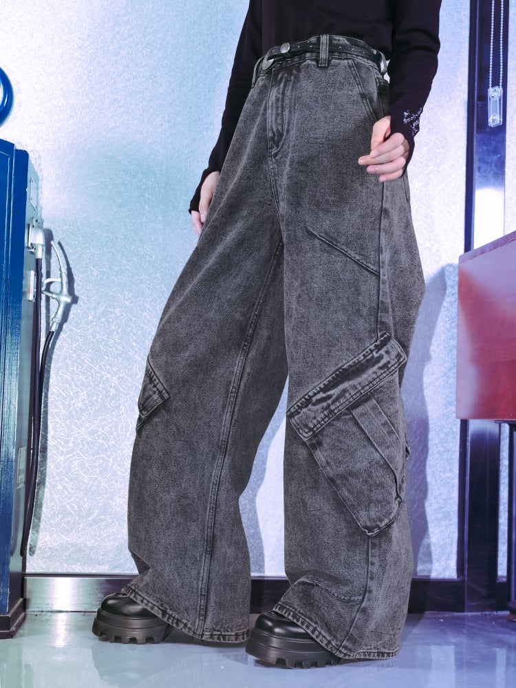 Gray Vintage Pockets Distressed Asymmetrical Jeans Wide-Leg with