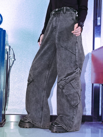 Gray Vintage Pockets Distressed Asymmetrical Jeans Wide-Leg with