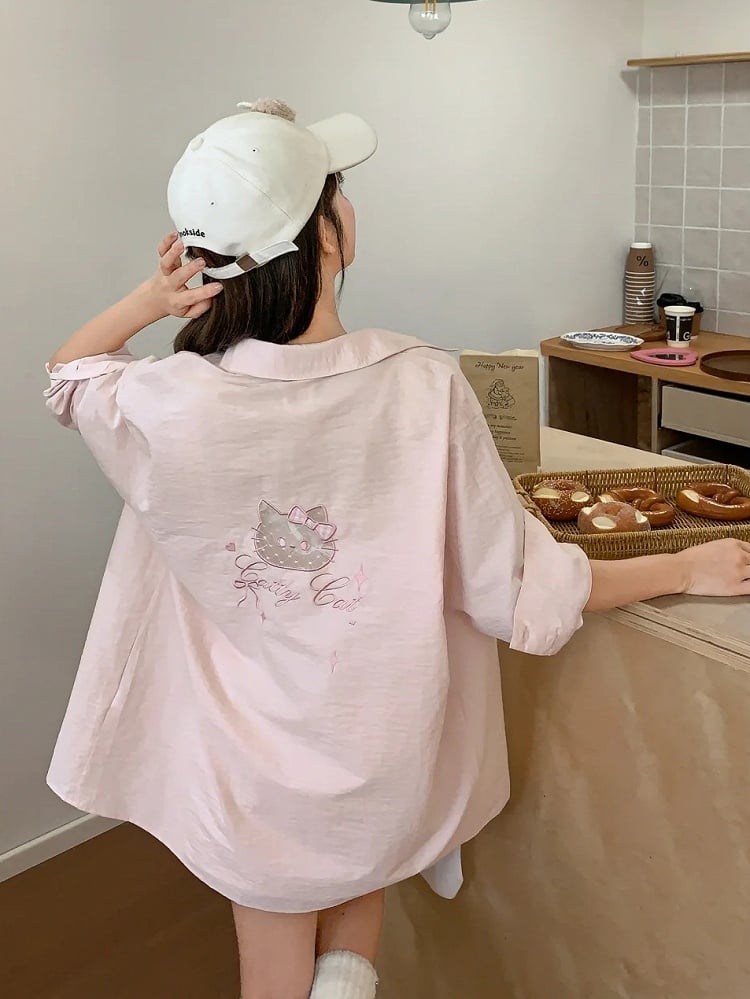 Back Shirt Kitty Embroidery on Pocket Kitty-shaped Detail Blue/Pink Loose Cutout