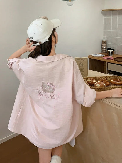 Back Shirt Kitty Embroidery on Pocket Kitty-shaped Detail Blue/Pink Loose Cutout
