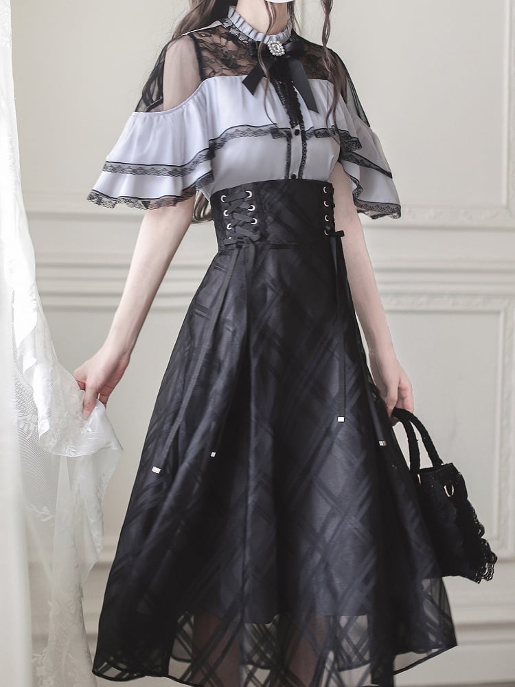 Overlay Plaid at Waist and Jirai Kei Black Details Skirt with Lace-up