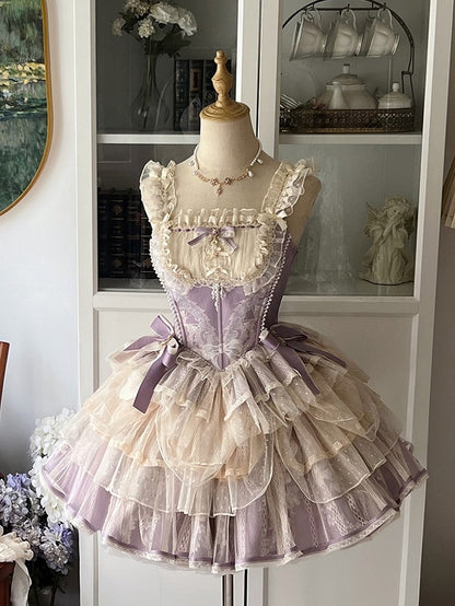 Balletcore Top Corset + Print Skirt Lolita Princess Purple Light Boned Floral