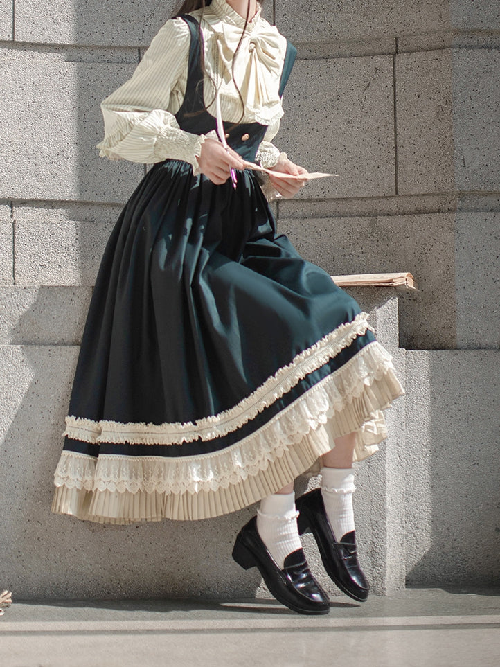 Beige Striped Blouse with Bishop Sleeves and Elastic Cuffs