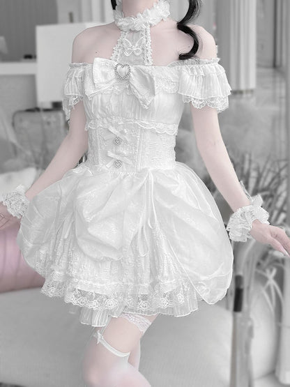 Skirt Drawstring Black/ Jirai Kei Detachable Halter Neck Dress Design in White