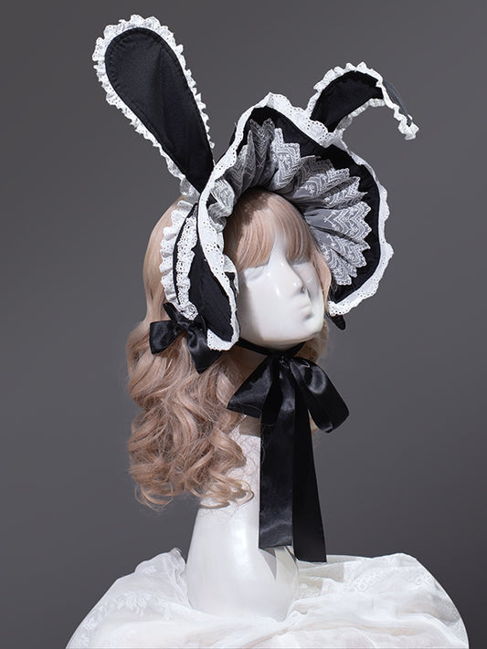 Black and White Bunny Ears Lace Accents Bonnet