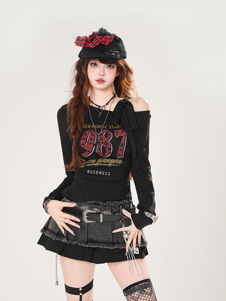 ヴィンテージナンバープリント ブルー/ホワイト/ブラック アシンメトリーネックライン トップス