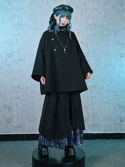Cape Placket Banded Black Gothic Coat Button - Embroidery Collar Goldfish Single-breasted