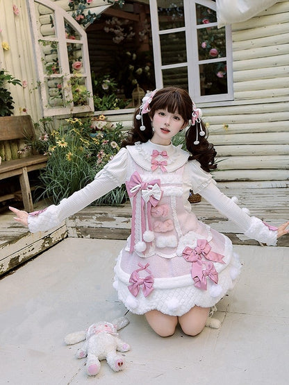 and Bows Sleeves Top Pink with Knitted Long White Pom-poms