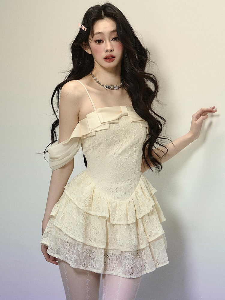 Apricot Bow Accent Tiered Skirt Lace Mini Dress