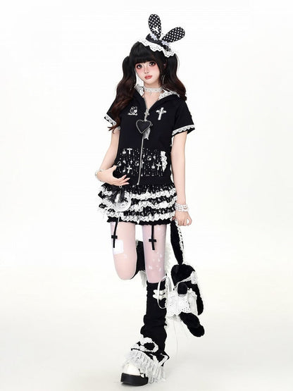 Black Bunny Ear Hooded Short Sleeve Top with Lace Print - CRAZY GIRL