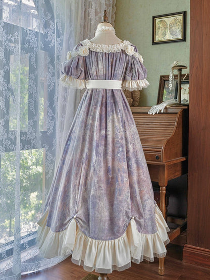 Klassisches Empire Maxi-Stück Lila Lolita Öl Eine Elegante Taille Malerei Kleid Druck