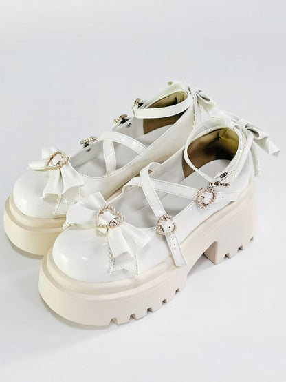 White Heart Platform Fastener Sweet Lolita Bow High Block with in Design Heels Accents Crisscross