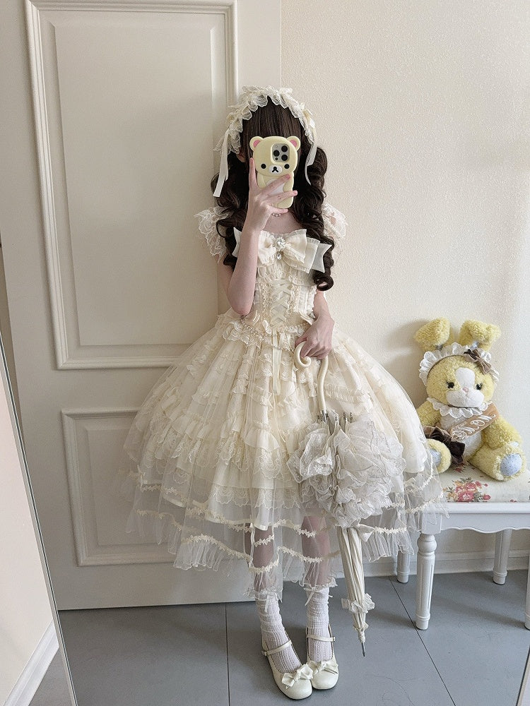 Gentle Apricot Details Lolita Lace Bows Multi-Layer with Dress Hanayome-Style Rhinestone JSK