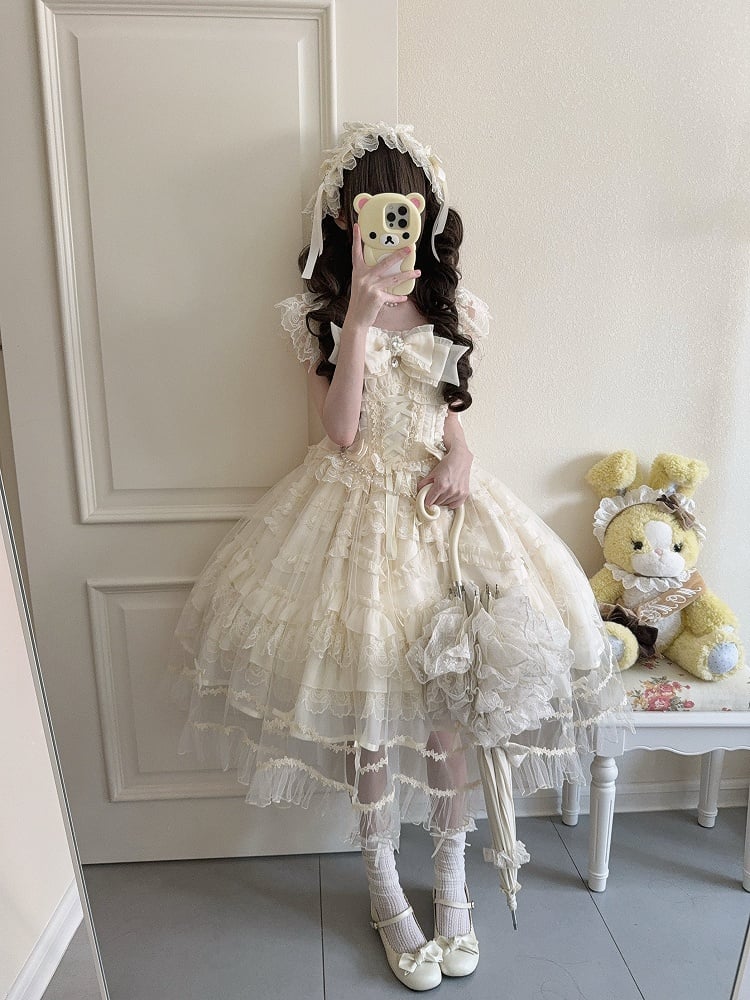 Bows Hanayome-Style Dress with + Apricot Rhinestone Full Details Gentle Lolita Overlay Set Multi-Layer / JSK Lace