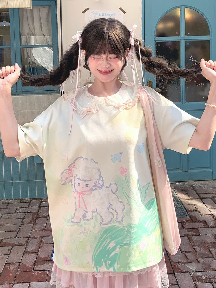 T-Shirt Hellgrün Rundhals Graffiti Lamm Print Lose