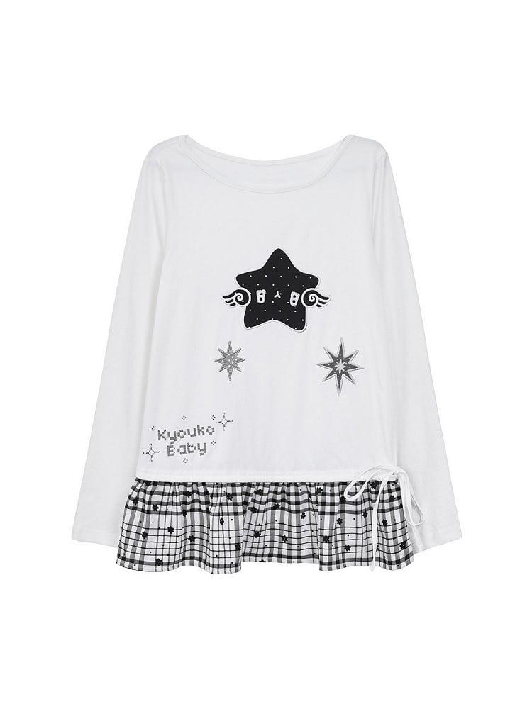 Design Long Daily with Star White Appliques Sleeve Top Kawaii Patchwork